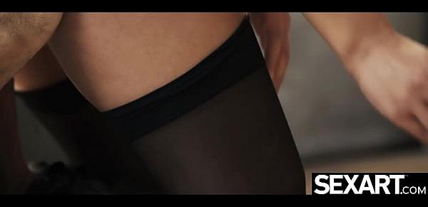 Watch stunning brunette in black stockings have passionate sex